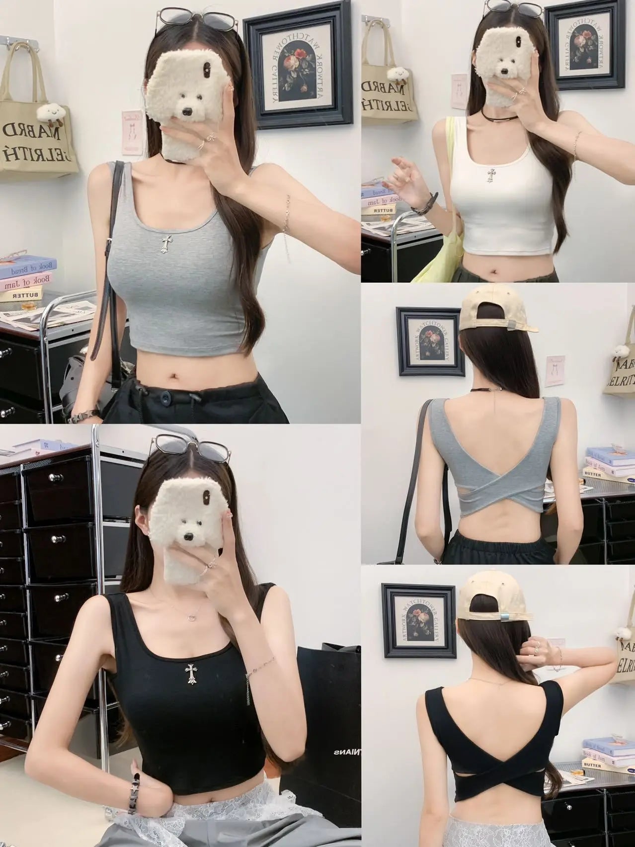 Square Neck Sling Camisoles Women Beautiful Back Cross Back Casual Sports Tank Top with Chest Pad