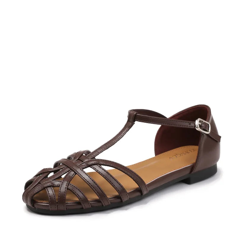 Knitted Hollow Flat Toe Sandals for Women's 2025 New Summer Wear, Breathable One-piece Buckle Fashion Vacation Roman Shoes Women