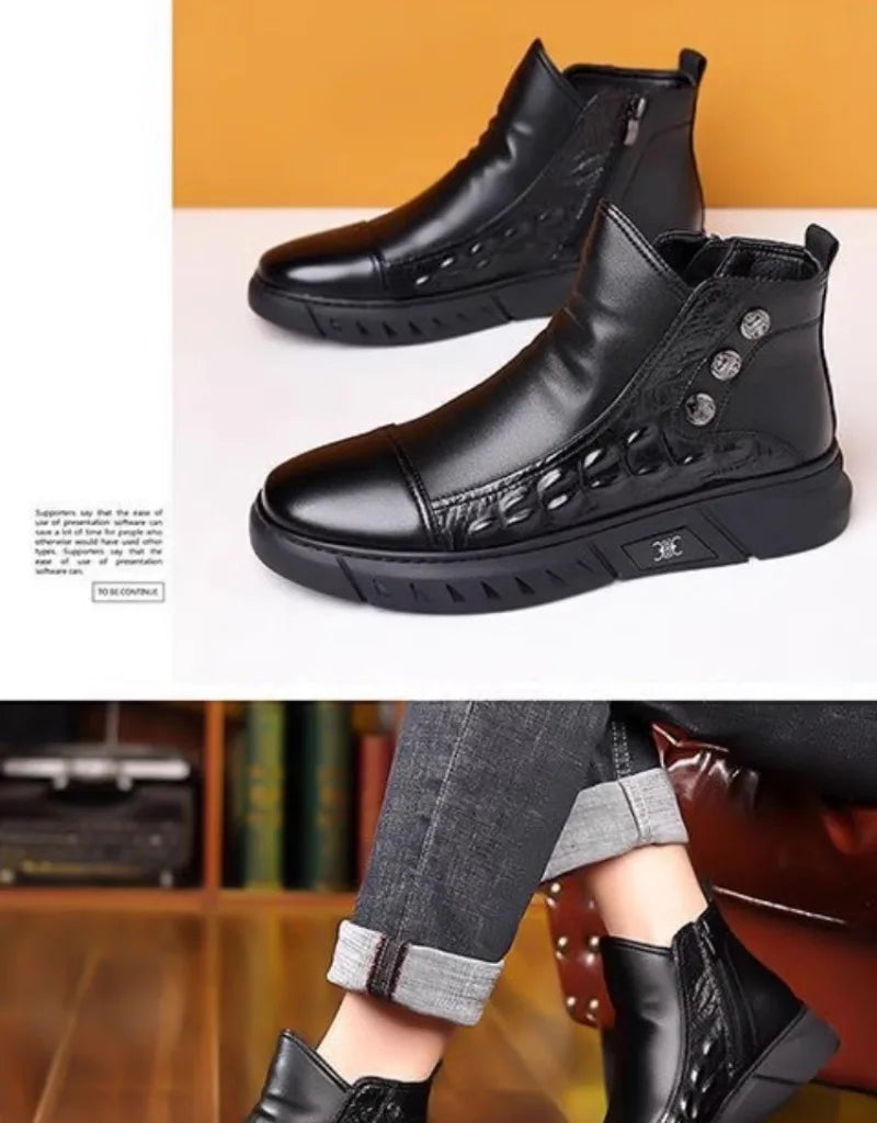 Luxury Men Boots Fashion High-top Platform Boot Classic Business Casual Leather Boots Winter Plush Warm Cotton Boots for Men2025