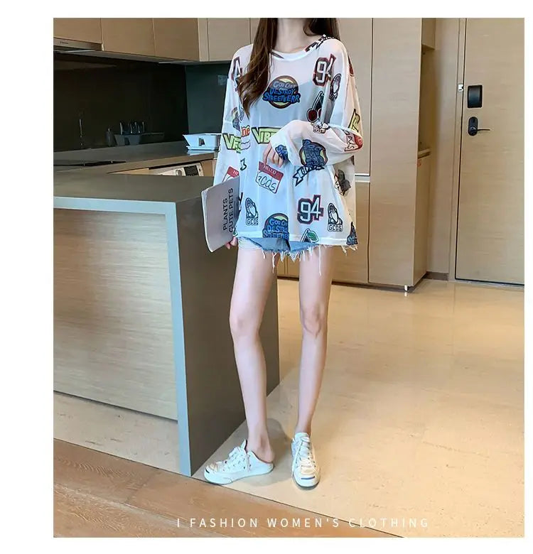 Women Letter Graphic Print Sexy Sheer Mesh Harajuku Y2K T Shirt Summer Trendy Long Sleeve Thin Tees Casual Streetwear Tops Ropa