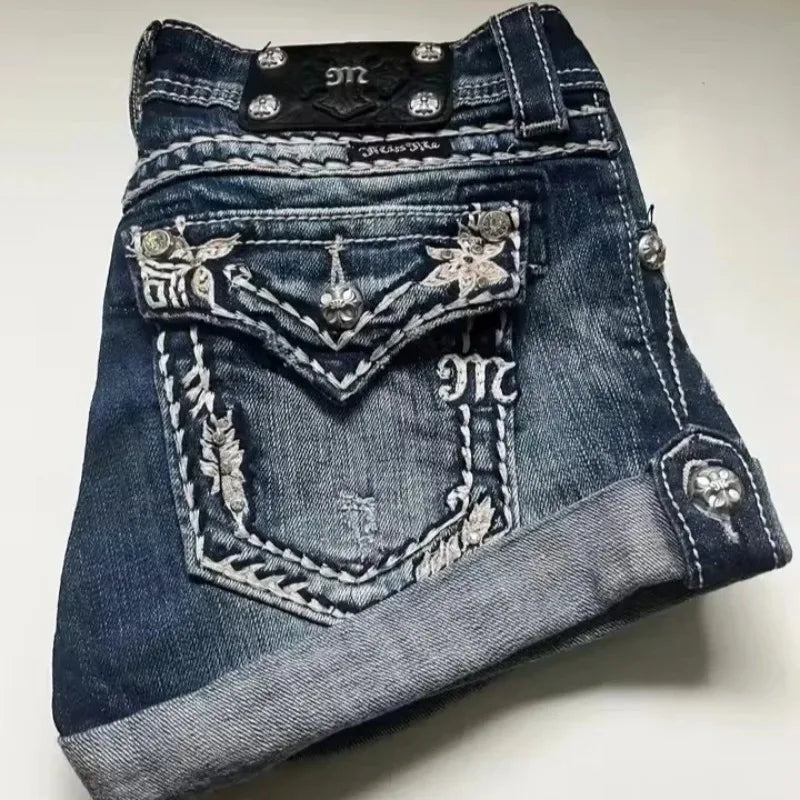 British and American Retro Jeans Washed Shorts Women's Y2K New Harajuku Flower Embroidery Gothic Sexy Spice Mini Denim Shorts
