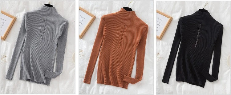 Women Turtleneck Pullovers Autumn Winter Jumper Knitted Basic Top Fashion Solid Color with Button Long Sleeve Ladies Sweater
