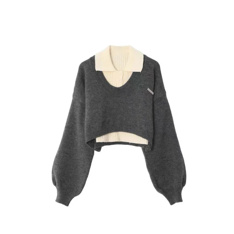 Preppy Style Women's Polo Collar Sweater 2-Piece Set Cropped Idle Style Knit Suit V-Neck Top For Spring And Autumn
