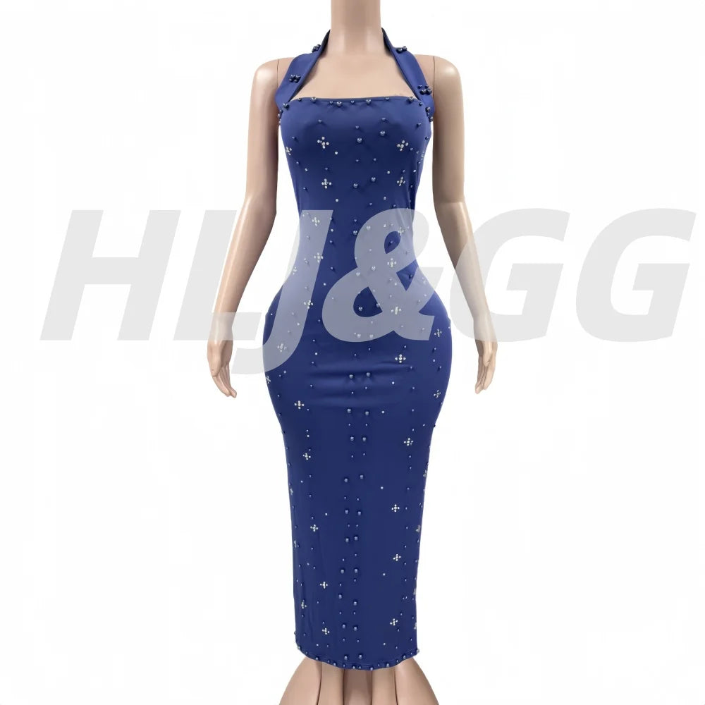 HLJ Elegant Pearls Patchwork Bodycon Dresses Women Halter Backless Printing Skinny Dress Female Party Clubwear Vestidos 2025 New