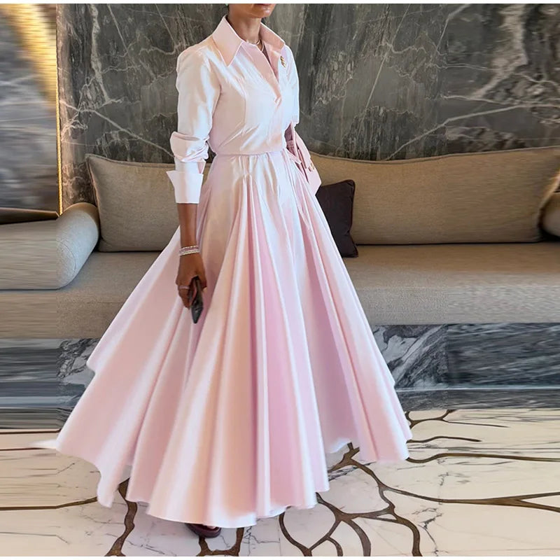 Casual Lapel Shirt Skirt Two Pieces Set Women Single Breasted Long Sleeve Top A-line Pleated Shirts 2025 Autumn Lady Solid Suit