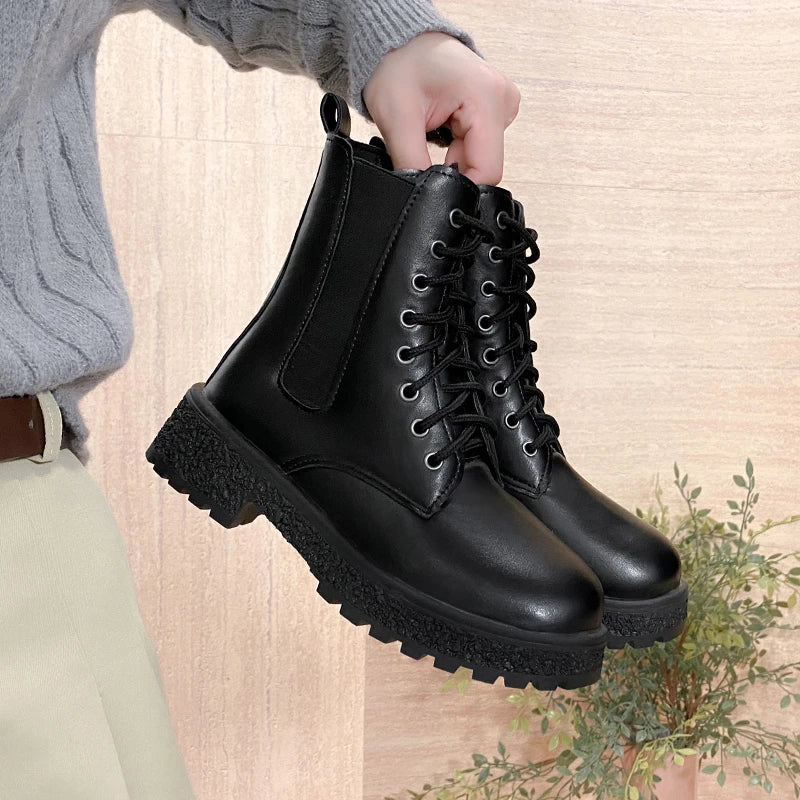 Women 2025Autumn New Tooling Boots Lady Anti Slip Waterproof Lace Up Short Boots Students Casual Thick Heel Knight Boots