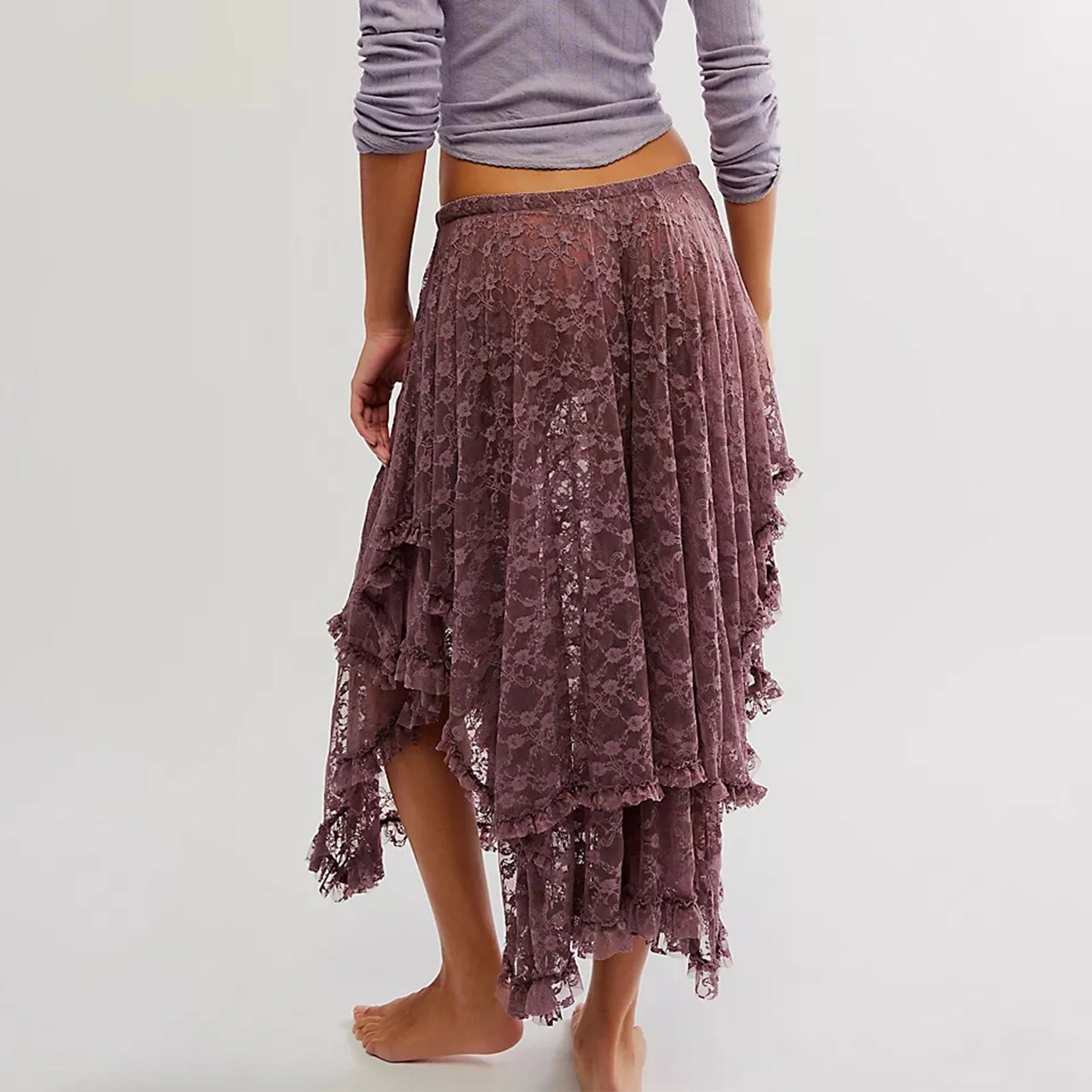 Vintage Lace Flower Women Midi Skirts Elastic High Waist Skirts Spring Summer Chic Irregular Hem Casual Female Skirts