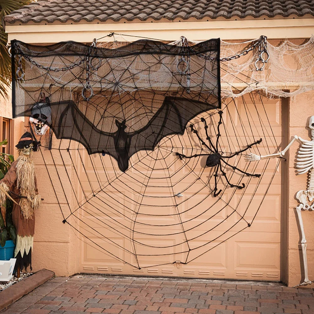 Hallowen Bat Spider Web Table Runner Door Curtain Lace Cobweb Fireplace Cover Lampshade Perfect for Gothic Halloween Decoration