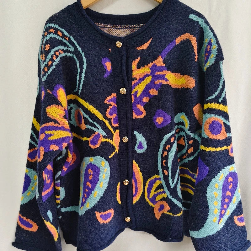 Ezgaga Knitted Cardigan Women Vintage Flowers Autumn Winter O Neck Loose Fashion Elegant Sweater Outwear Female Casual Tops