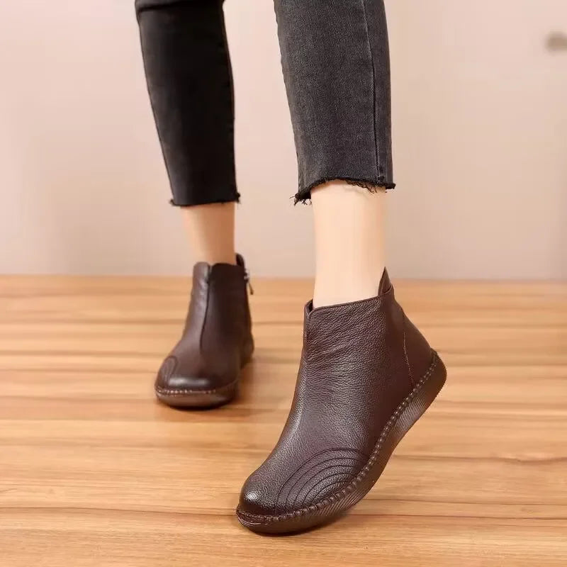2025 Fashion Women Natural Genuine Leather Boots Handmade Vintage Flat Ankle Botines Shoes Woman Winter