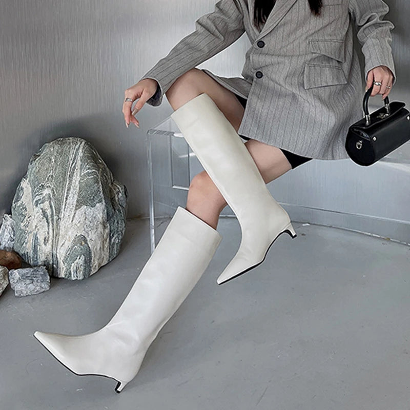 2025 Luxury Knee High Boots Women Wine Red Pointed Toe Kitten Heel Long Boots Wide Tube Bottes Santiags Femme Elegant Shoes