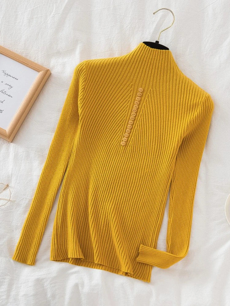 Women Turtleneck Pullovers Autumn Winter Jumper Knitted Basic Top Fashion Solid Color with Button Long Sleeve Ladies Sweater