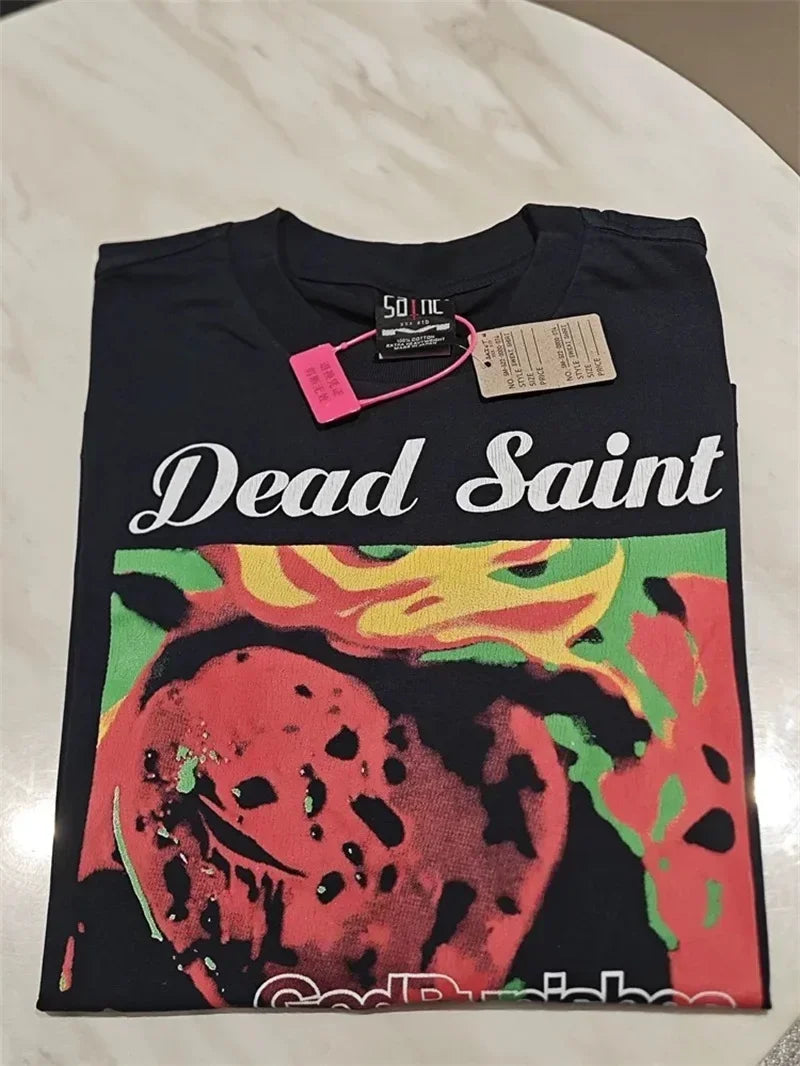 25SS Pure Cotton Saint Michael Long Sleeved T Shirts Men Women 1:1 Washed Black Manga Character Print Hoodies