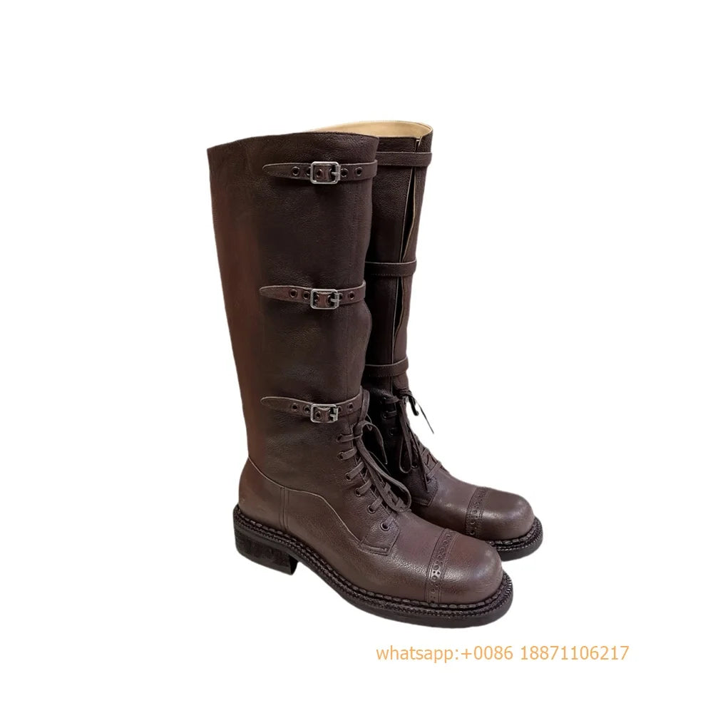 Genuine Leather Ladies Knight Boots 2025 Autumn Belt Buckle Model Catwalk Casual Long Boots Black/brown Thick Heel Casual Boots