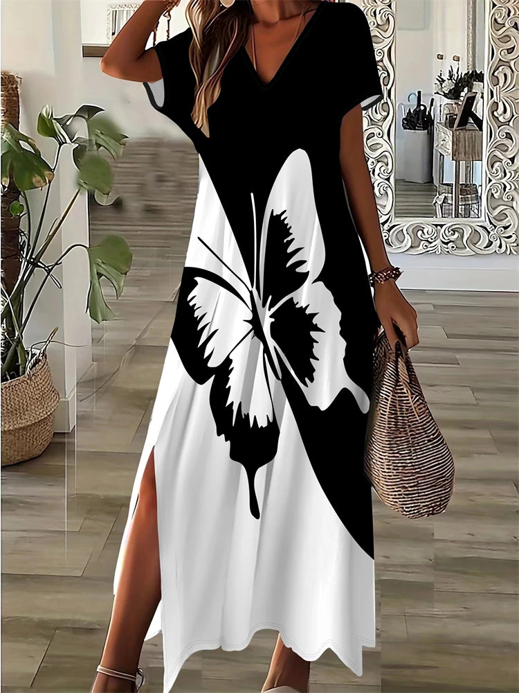 New 2025 Summer Women's Dresses Patchwork Geometric Printing Casual Temperament Dresses Fashion Beach Short Sleeve Dresses