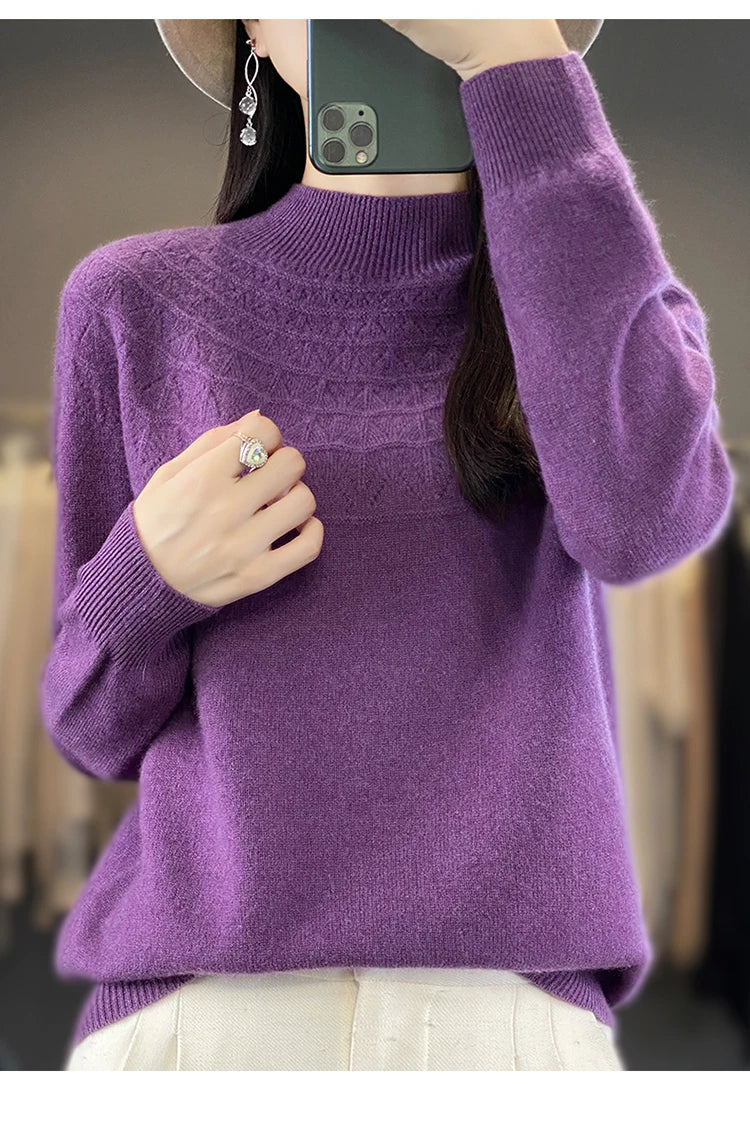 2024 New Line Of Garment Hollowed Out Half Height Women's High-grade Woolen Sweater 100% Pure Wool Multi-color Option WQ