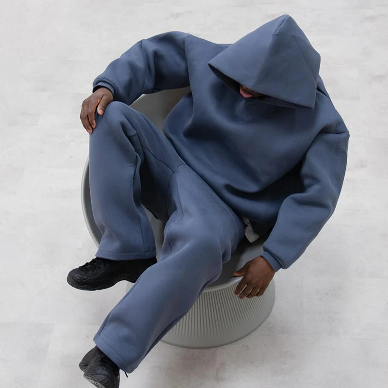 Casual Solid Hooded Pullover Straight Pants 2 Piece Set Tracksuit For Male Fashion Loose Hoodies Sweatshirt Wide Leg Sweatpants