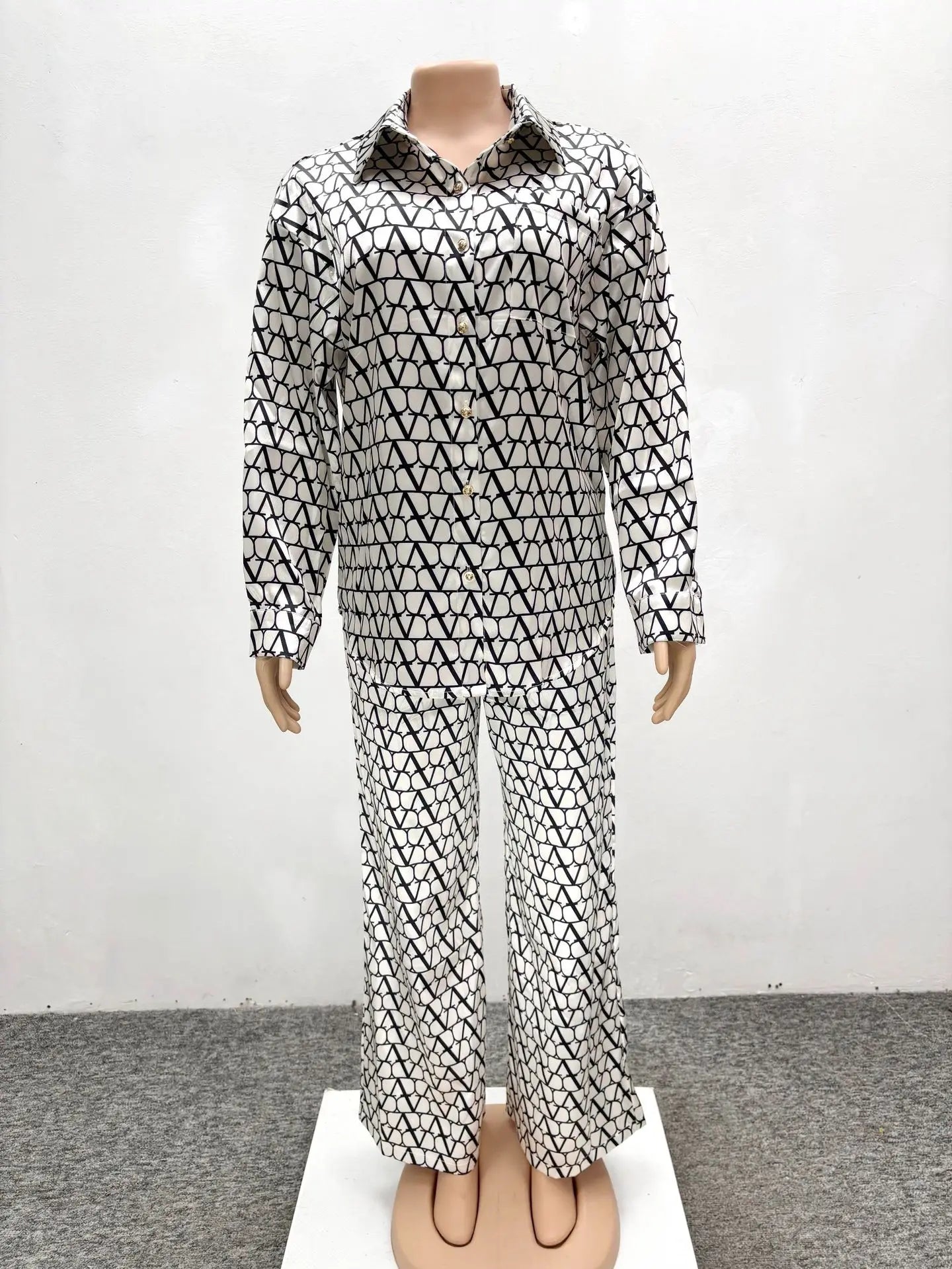 Autumn Fashion Set Woman 2 Piece Printing Long Sleeves Lapel Shirt High Waist Loose Wide Leg Pants 2025 Pant Sets Female Outfit