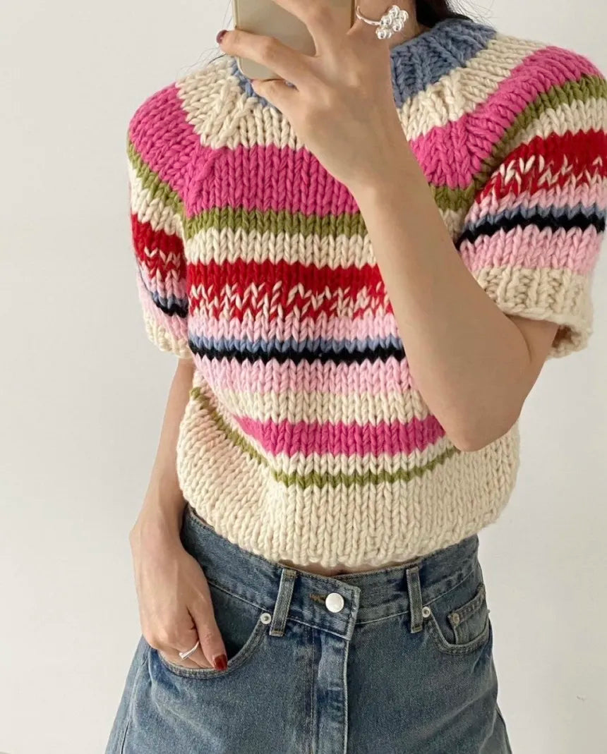 Chic Vintage Heavyweight Knitted Loose ort Sve Striped Sweater for Women Summer Collection oulder Sve