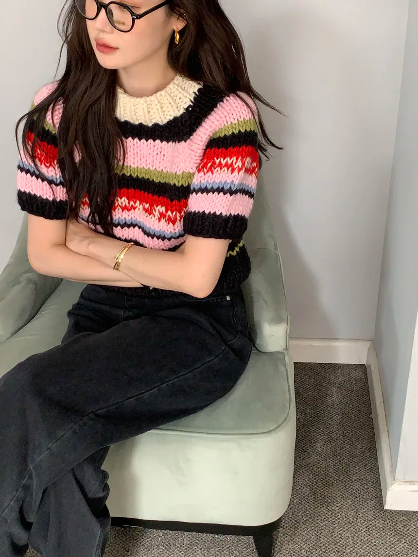 Chic Vintage Heavyweight Knitted Loose ort Sve Striped Sweater for Women Summer Collection oulder Sve