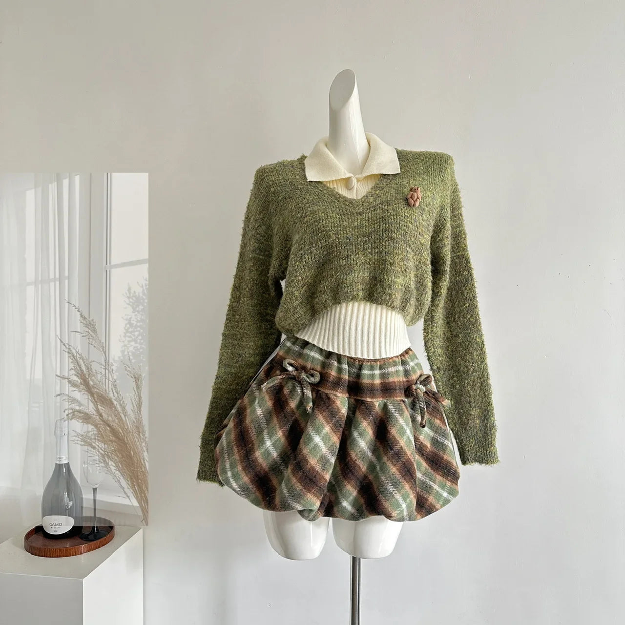 Autumn Winter Korean Cute Knitt 3 Piece Set Women Y2k Outfits Long Sleeve Crop Sweater + Knit Lapel Tank Tops + Mini Plaid Skirt