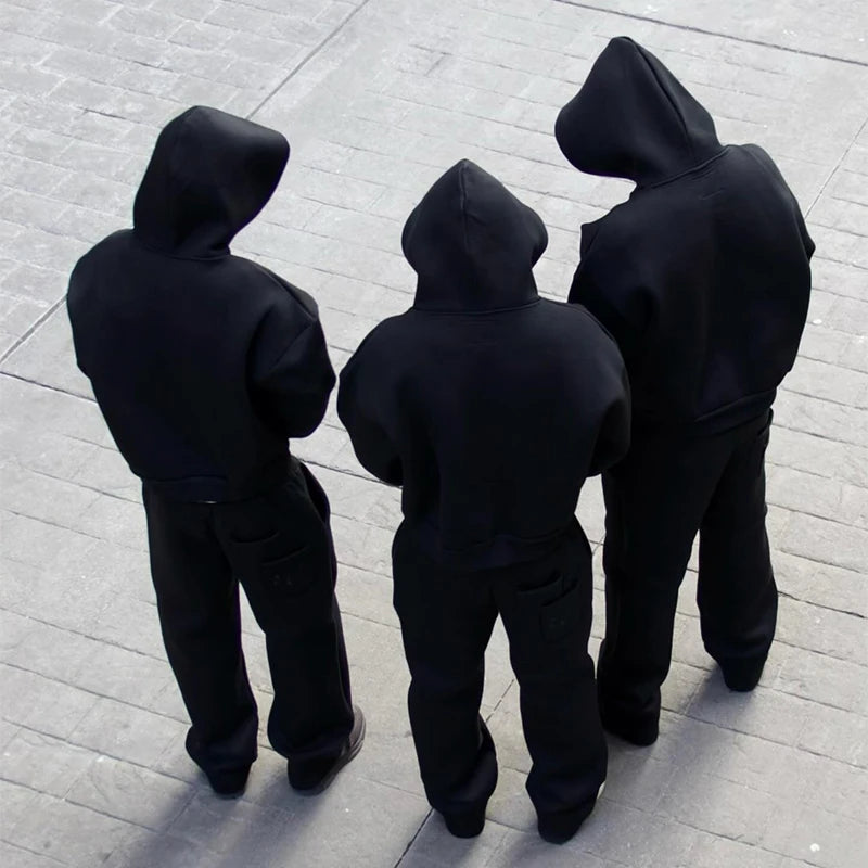Casual Solid Hooded Pullover Straight Pants 2 Piece Set Tracksuit For Male Fashion Loose Hoodies Sweatshirt Wide Leg Sweatpants