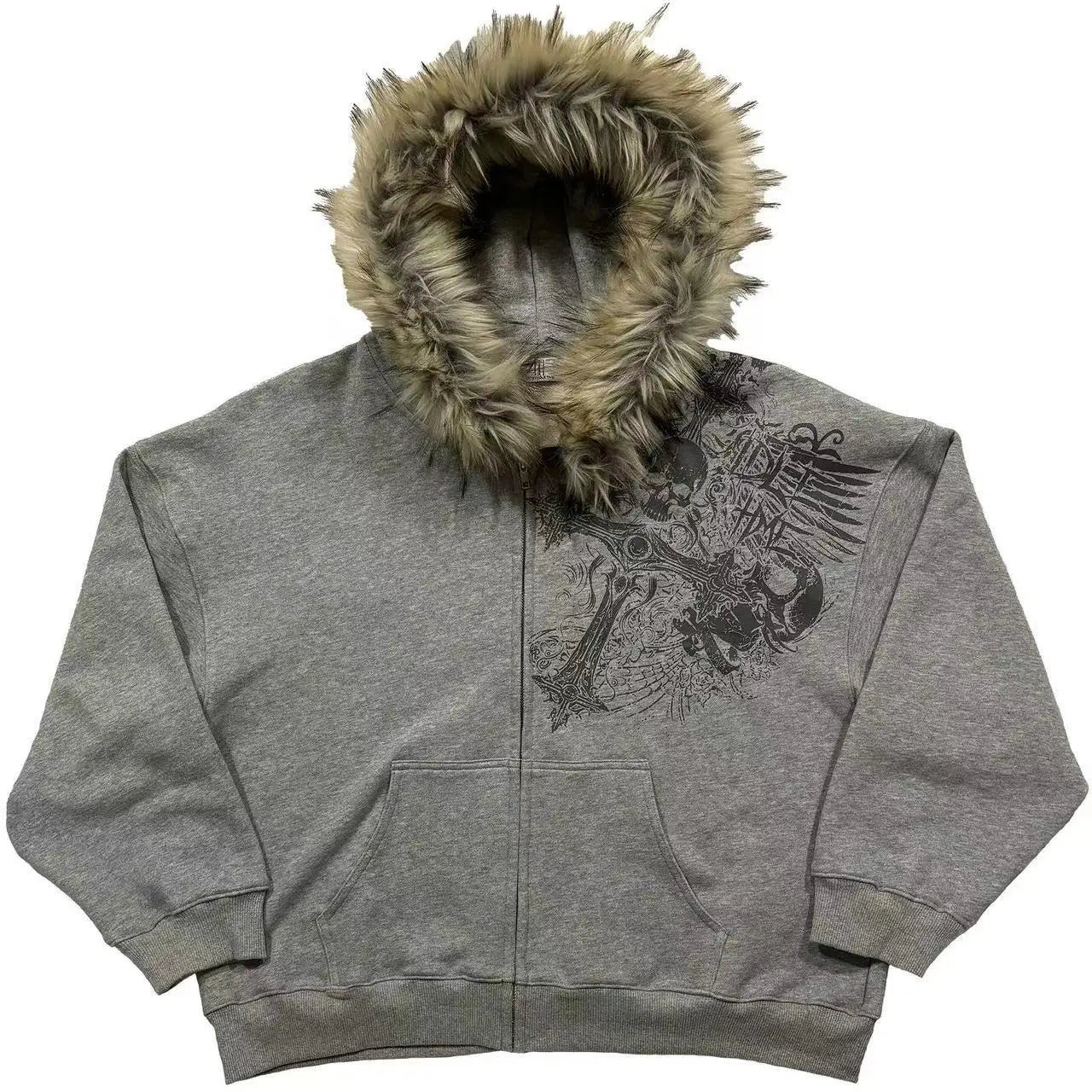 Gothic Harajuku Retro Skull Zipper Hoodie Men Streetwear Y2K Fur Collar Jacket Trendy Hip Hop Casual Oversized Sweatshirt Women