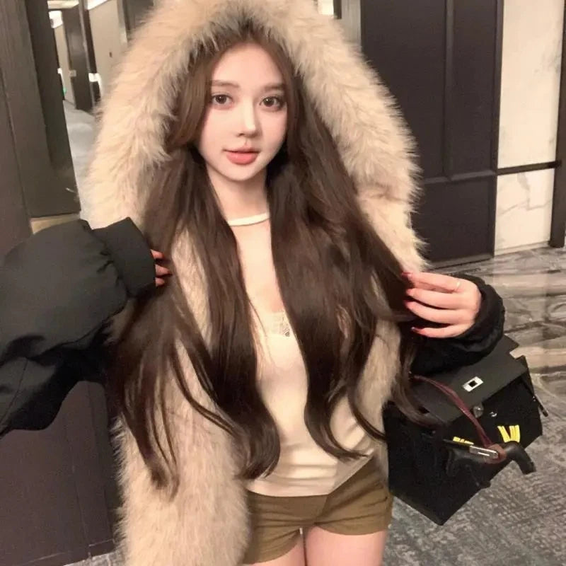 Double-Sided Warm Fur Coat Women Autumn Winter Loose Thicken Plush Cotton Coat 2025 New Women Hooded Imitation Mink Fur Outwear