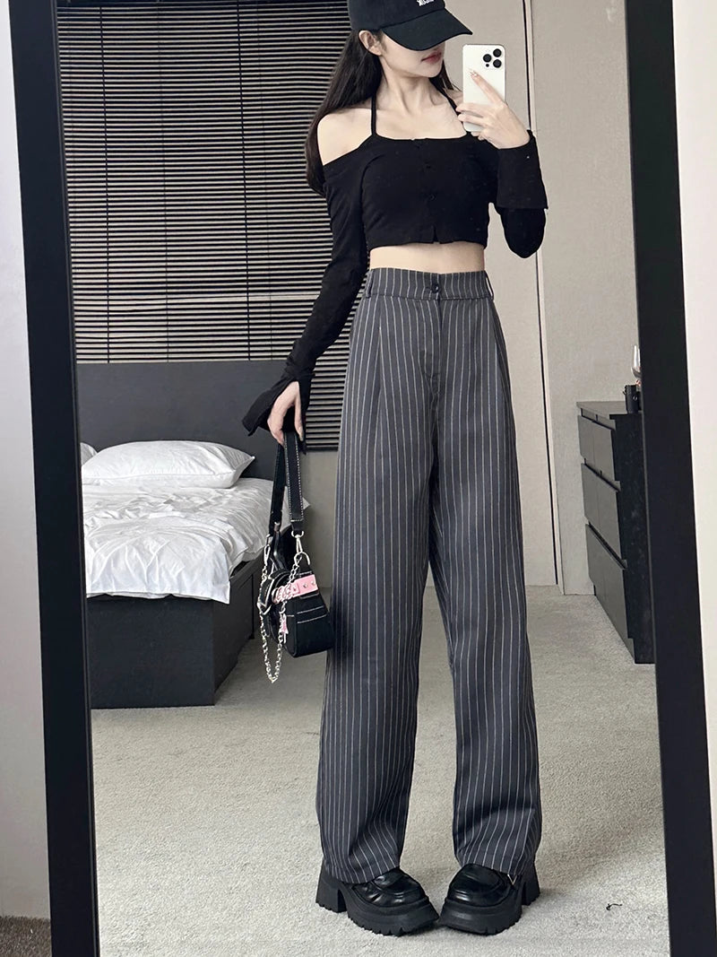 Slimming High Waist Trousers Women's Loose Striped Wide Leg Pants Korean Sle Commute Faion plus Size Long Trousers