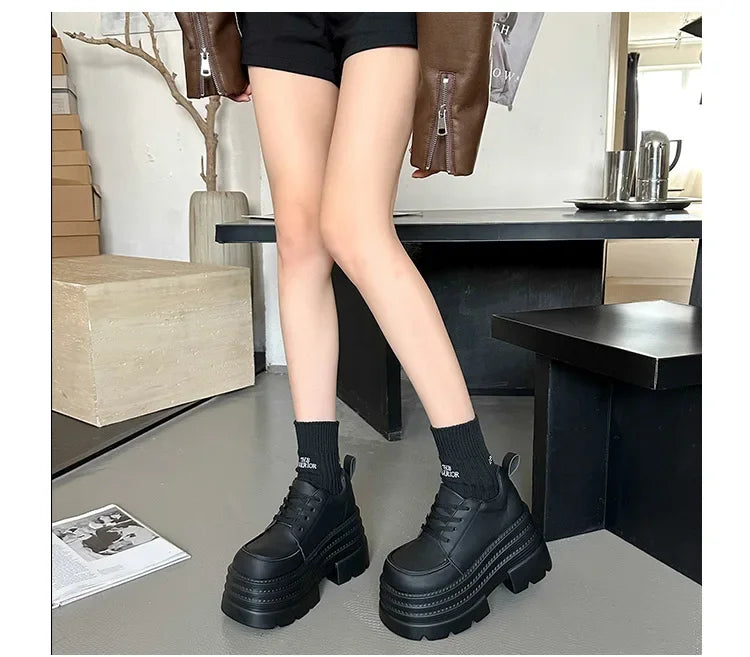 Thick Bottom Fashion Women Pumps Spring Autumn New Height Increase Black Lace Loafers Female High Heels Shoes