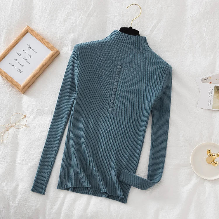 Women Turtleneck Pullovers Autumn Winter Jumper Knitted Basic Top Fashion Solid Color with Button Long Sleeve Ladies Sweater