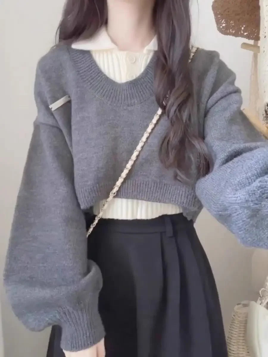 Preppy Style Women's Polo Collar Sweater 2-Piece Set Cropped Idle Style Knit Suit V-Neck Top For Spring And Autumn