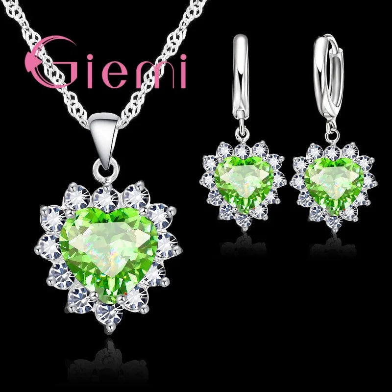 Love Heart Crystal Pendant Silver Color Party Jewelry Sets Necklace Earrings For Women Valentine Gifts