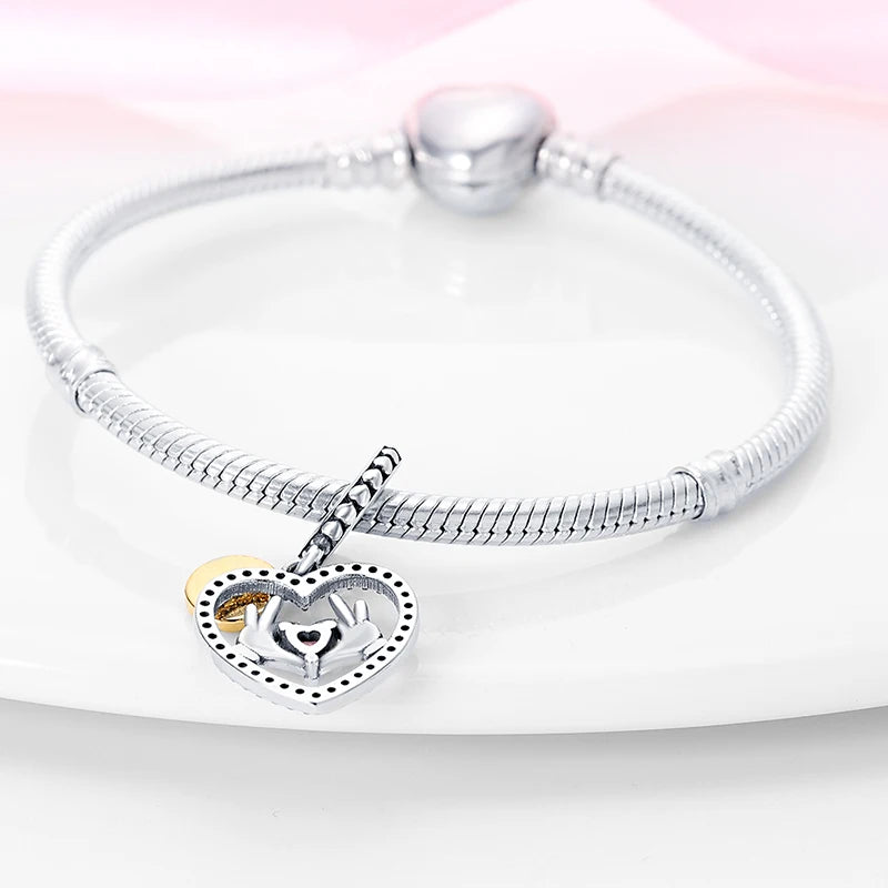 925 Sterling Silver Classic Mom and Daughter Heart Shaped Charms Pendants Fit Pandach Original Bracelet DIY Mother's Day Jewelry