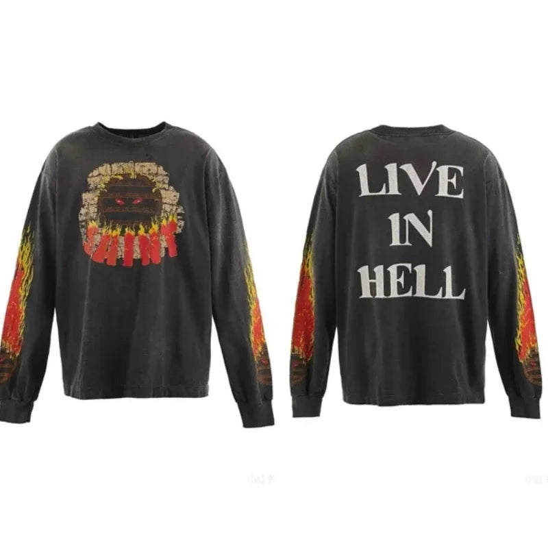25SS Pure Cotton Saint Michael Long Sleeved T Shirts Men Women 1:1 Washed Black Manga Character Print Hoodies