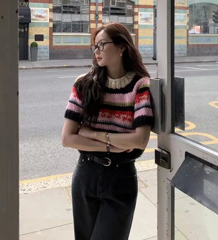 Chic Vintage Heavyweight Knitted Loose ort Sve Striped Sweater for Women Summer Collection oulder Sve