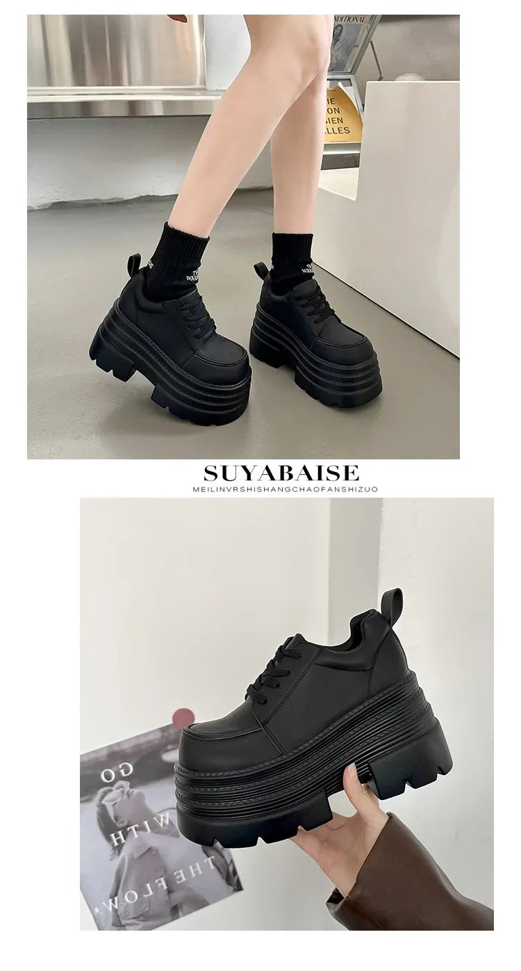 Thick Bottom Fashion Women Pumps Spring Autumn New Height Increase Black Lace Loafers Female High Heels Shoes