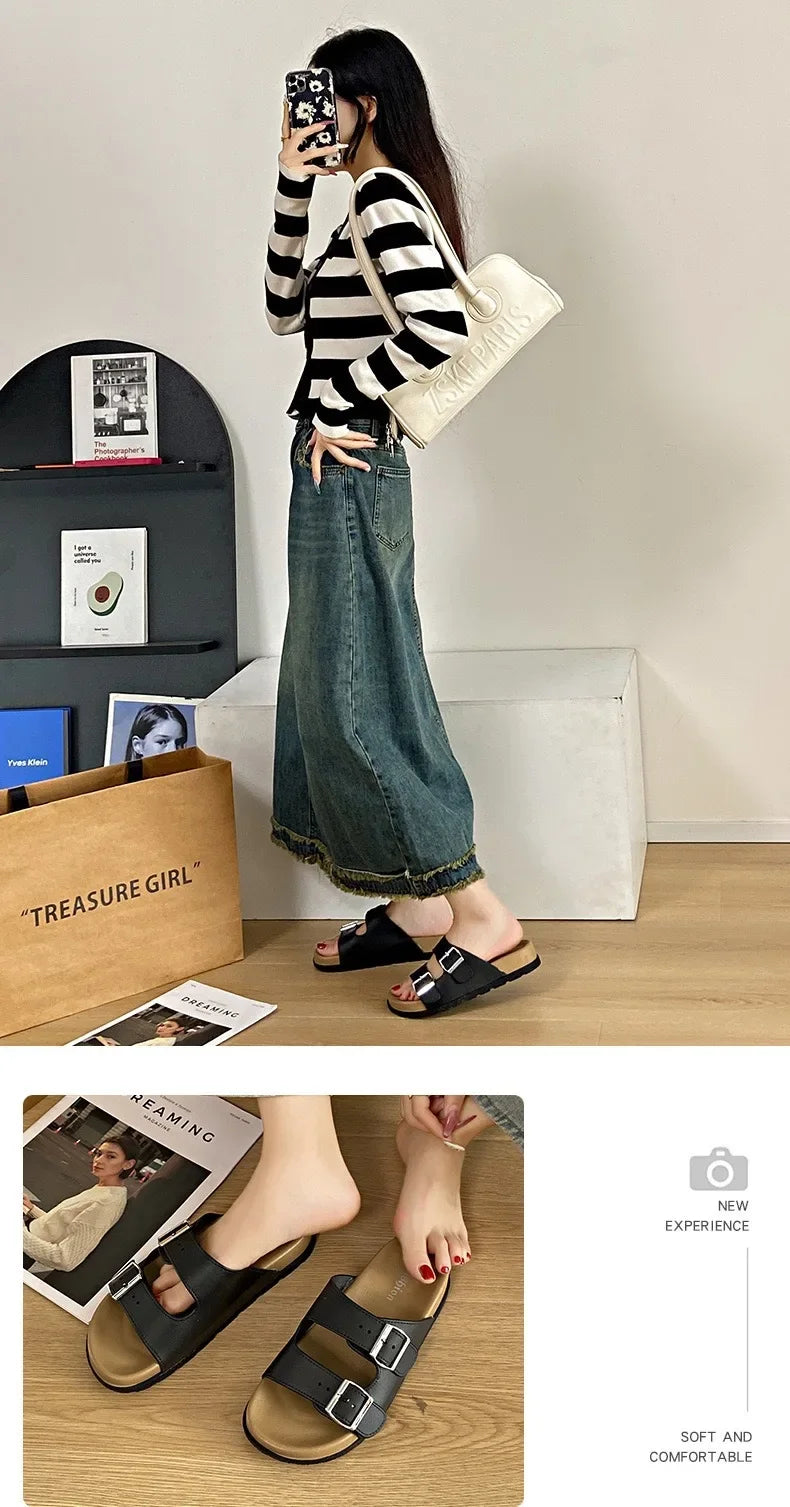 Women's Belted Sandals Roman Style PVC Material Open Toe Metal Decorated Flat Heels Spring Summer Outdoor Wear Fashionable Versa
