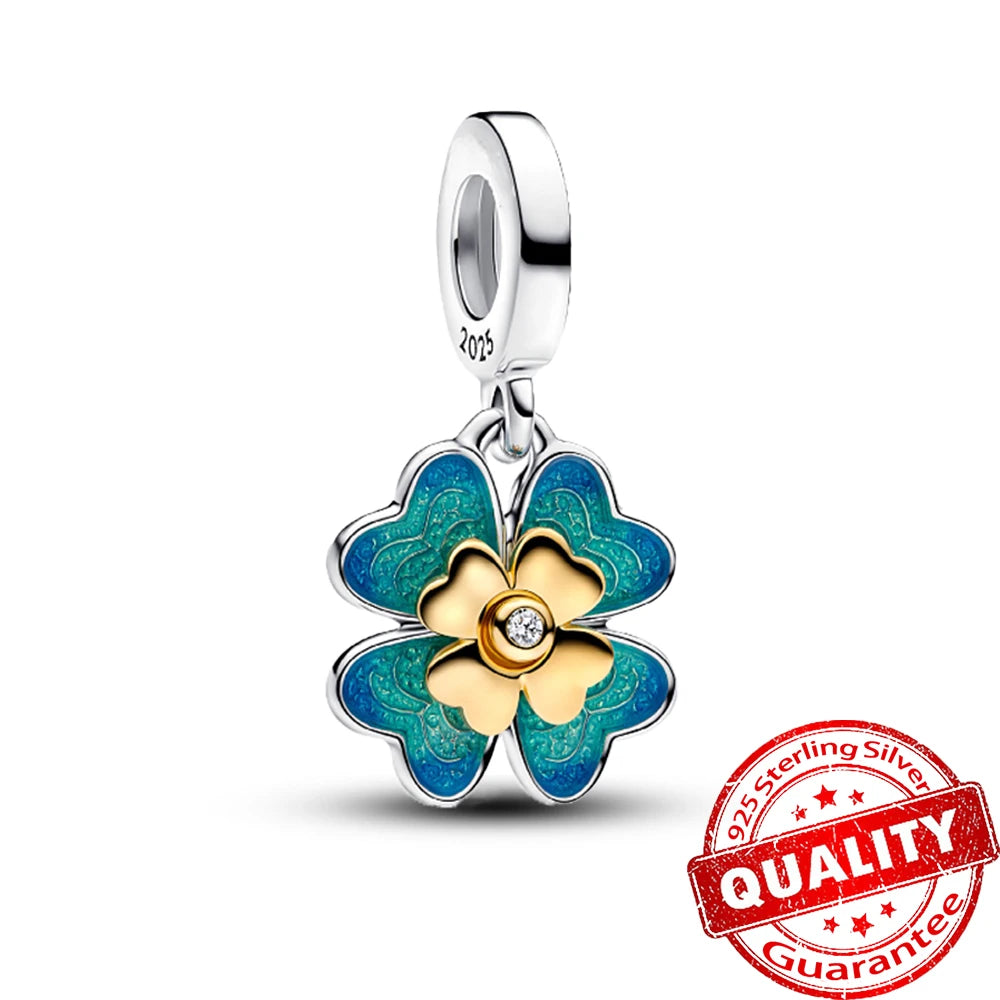 New 925 Sterling Silver Gradient Blue Four-leaf Clover Pink Iris Charm Fit Original Bracelet DIY Jewelry Accessories Beads