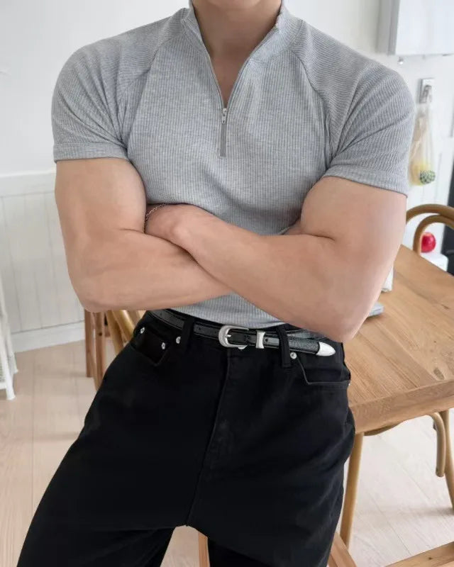 Summer New Men's Sportswear Casual Running And Fitness Stretch Solid Color Zipper Simple Striped Thick Short-sleeved T-shirt