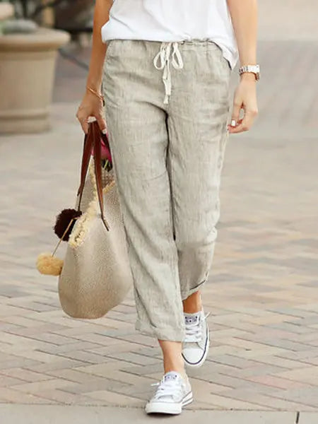Women Elastic Drawstring Waist Cotton Linen Wide Leg Ankle Pants Summer Female Long Loose Trousers ARJ-K01