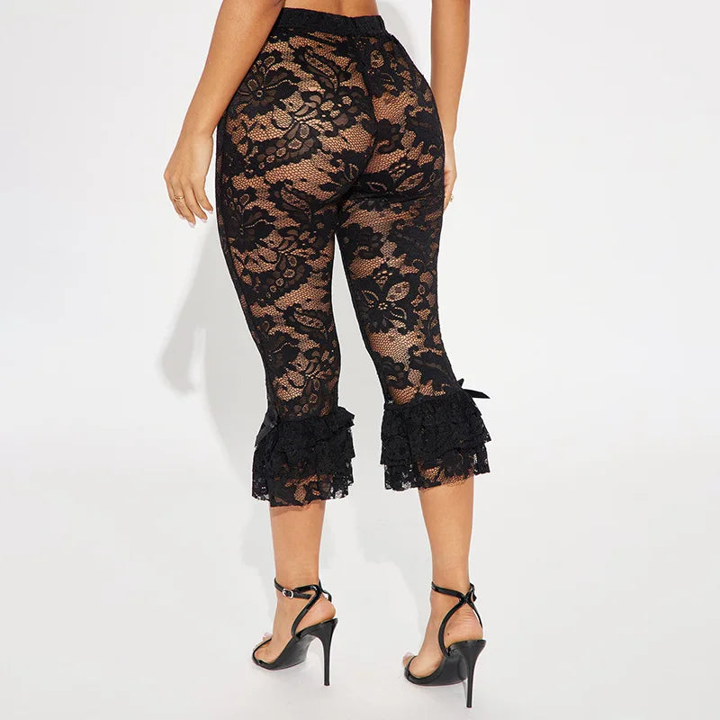 CM.YAYA Women Fashion Sexy Party Clubwear Lace Floral See Though Cascading Ruffles Hem Flare Lace Up Pants Capris 2025 Trousers