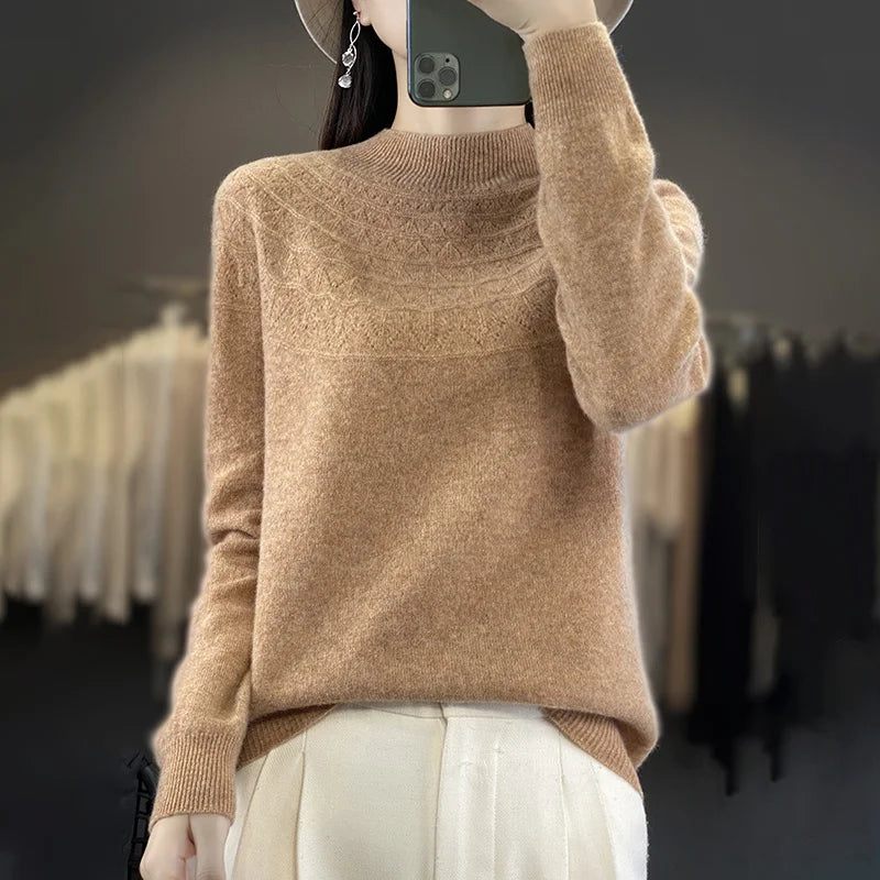 2024 New Line Of Garment Hollowed Out Half Height Women's High-grade Woolen Sweater 100% Pure Wool Multi-color Option WQ