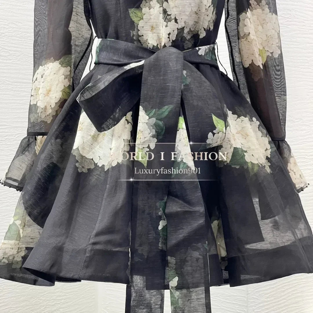 Romantic Style Women Dress Australia Luxury Design Black Hydrangea Butterfly Sleeve Mini Dresses for Summer Vacation