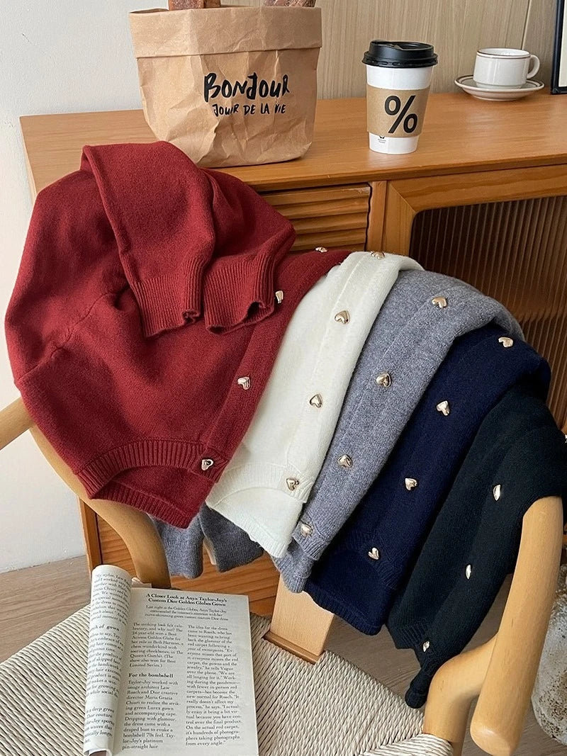 Autumn Winter 2025 New Women's Retro Love Small Gold Buckle Cardigan Female Casual Solid Long Sleeve Slim Knitted Sweater