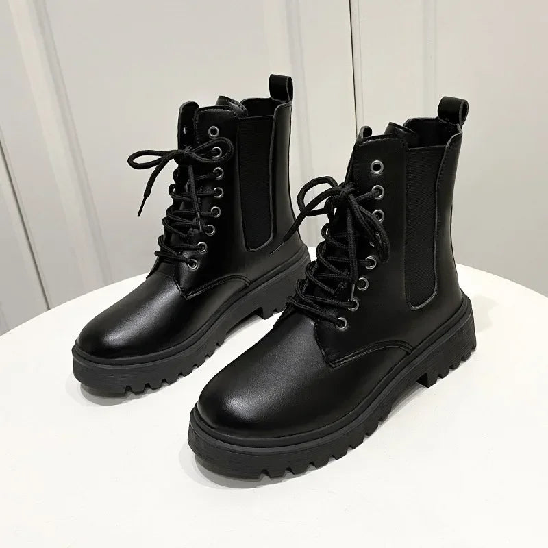 Women 2025Autumn New Tooling Boots Lady Anti Slip Waterproof Lace Up Short Boots Students Casual Thick Heel Knight Boots