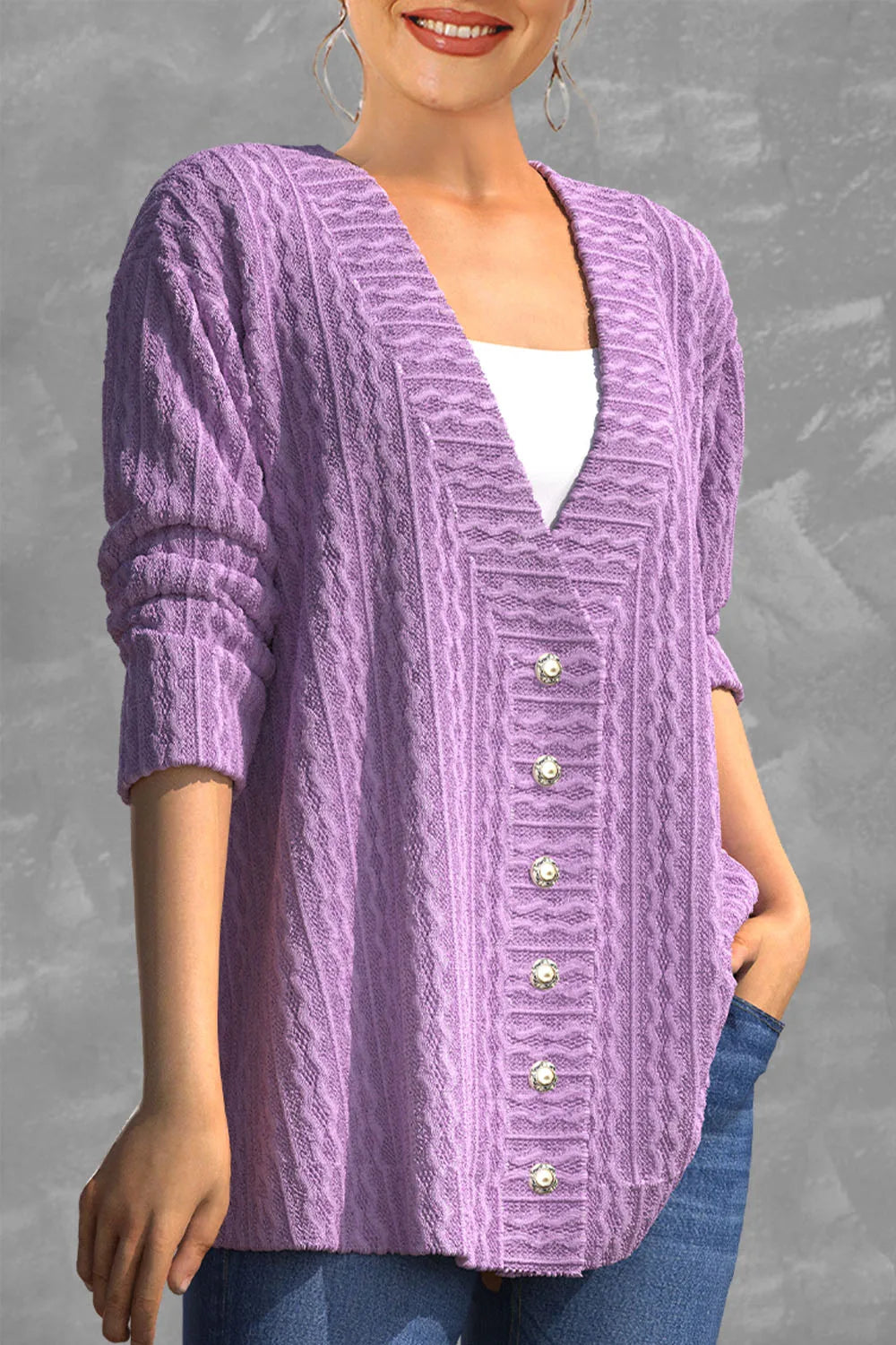 Flycurvy Plus Size Women's Casual Purple Knitted Cardigan Single-Breasted Sweater Comfortable Loose Fit