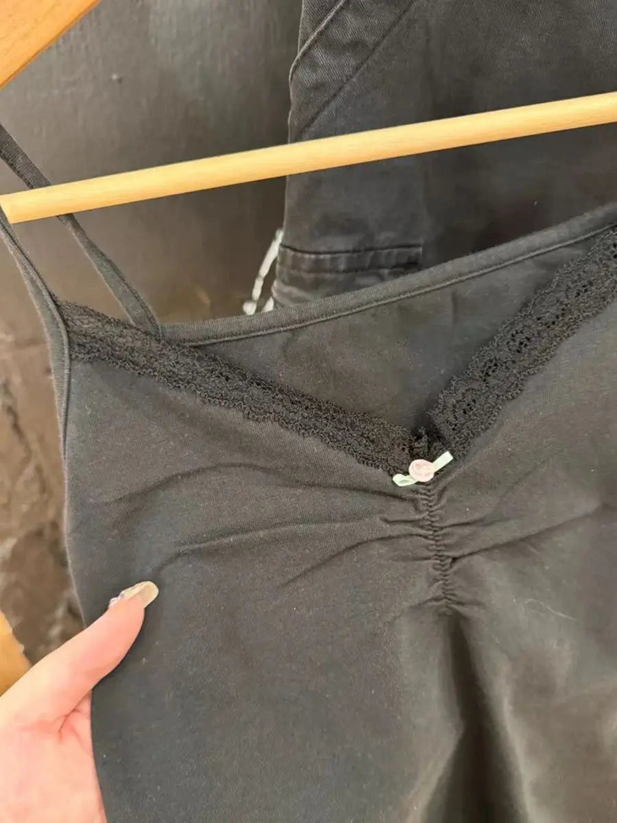 Lace Trim Black Tank Shorts Set Woman Summer Rose Folds V-neck Camisole+Bow Elastc Waist Panties Cotton Home Pajama 2 Piece Sets