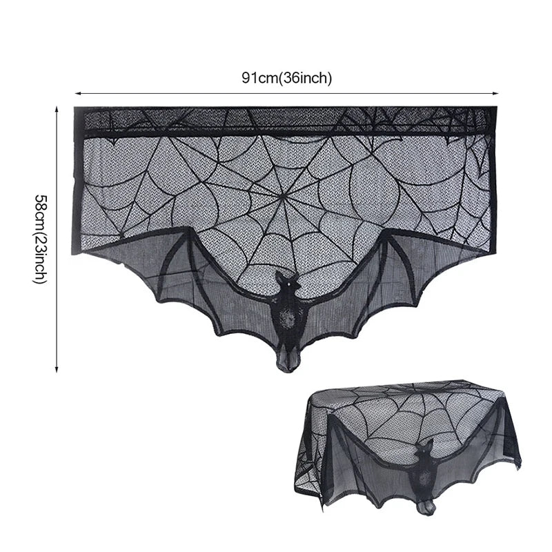 Hallowen Bat Spider Web Table Runner Door Curtain Lace Cobweb Fireplace Cover Lampshade Perfect for Gothic Halloween Decoration