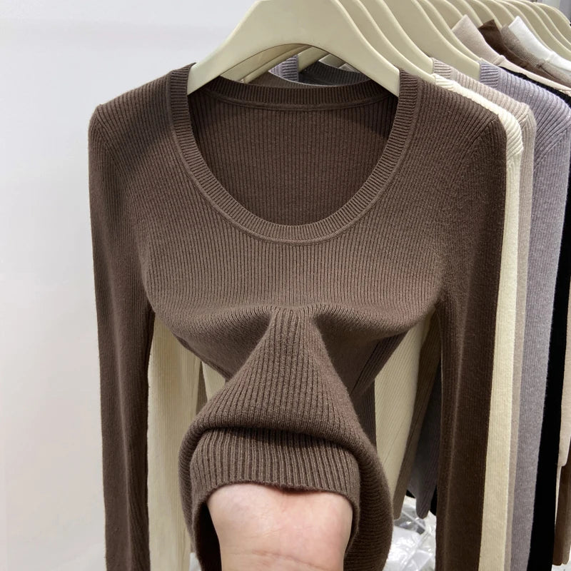 Zjaiss Solid Color O-neck Knitted Pullovers 2025 Women's Autumn Winter New Slim Fit Sweater Soft Warm Simple Base Layer Top